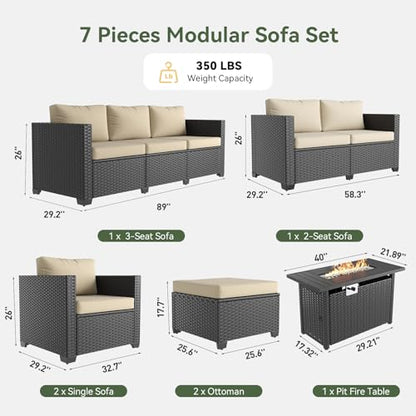 Aoxun 7 Piece Patio Furniture Set with Fire Pit Table, 9 Seats Outdoor Furniture Set with Wicker Ottomans, Rattan Outdoor Sectional Sofa with Thickened Cushion & Waterproof Cover Beige