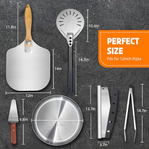 Pizza Peel and Pan Set, 6 Piece Pizza Oven Accessories, 12 Inch Metal Pizza Paddle with Foldable Wooden Handle, 8 Inch Metal Peel, Rocker Cutter, Server, Stainless Steel Plates and Tongs