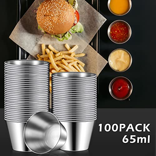 Mimorou 100 Pcs 2.5oz Metal Ramekins Stainless Steel Sauce Dipping Cups Ramekins Bulk Sauce Container Round Dipping Bowls Condiment Cup for Dish Butter Kitchen Restaurant Serving Party Dinner Cooking