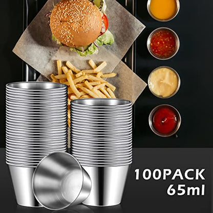 Mimorou 100 Pcs 2.5oz Metal Ramekins Stainless Steel Sauce Dipping Cups Ramekins Bulk Sauce Container Round Dipping Bowls Condiment Cup for Dish Butter Kitchen Restaurant Serving Party Dinner Cooking