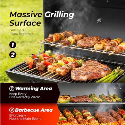 Outvita Barrel BBQ Charcoal Grill with Warming Rack & Dual Prep Table Black