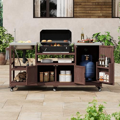 TEVUTEVU 75.4" Outdoor Kitchen Island with Sink, Solid Wood Grill Cart, Rolling BBQ Prep Station with Stainless Steel Top, Towel Rack & Spice Rack, BBQ Cart (Grills NOT Included) (Brown, 75.4 inch)
