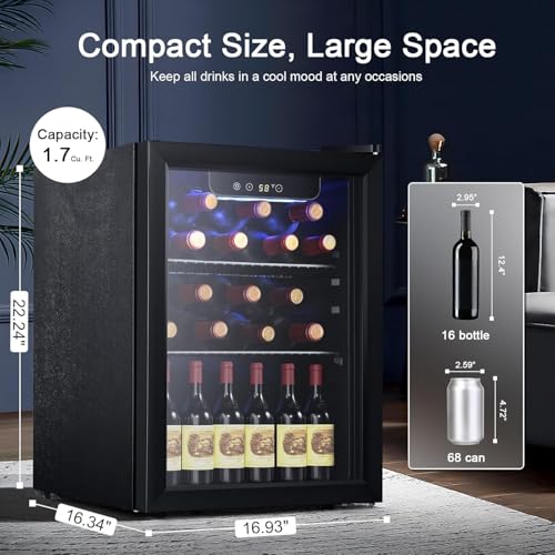 Antarctic Star Wine Cooler, Beverage Refrigerator, 16 Bottle Freestanding Quiet Wine Cellar Front Glass Door for Home and Bar, Digital Temp Control, 1.71 Cu.Ft.