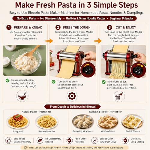 LEONEBEBE Electric Pasta Maker Machine, 135W Commercial Dough Sheeter with 2.5mm Blade, Adjustable 0.3-4mm Thickness, for Pasta, Dumplings – Restaurant & Home Use