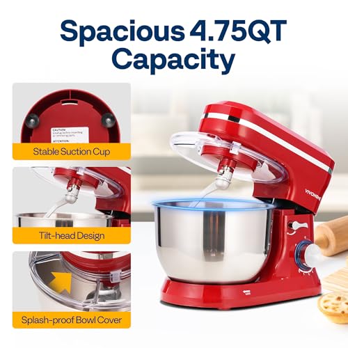 VIVOHOME 4.75 Quart Stand Mixer, 8 Speed Kitchen Electric Food Mixer, Household Stand Mixer for Baking, Cake, Bread with Beater, Dough Hook, Wire Whip and Egg Separator, Red