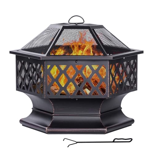 Panovue 28Inch Outdoor Fire Pit, Hexagon Shaped Wood Burning Firepit for Outside Bonfire, Patio, Backyard and Camping (Antique Bronze)