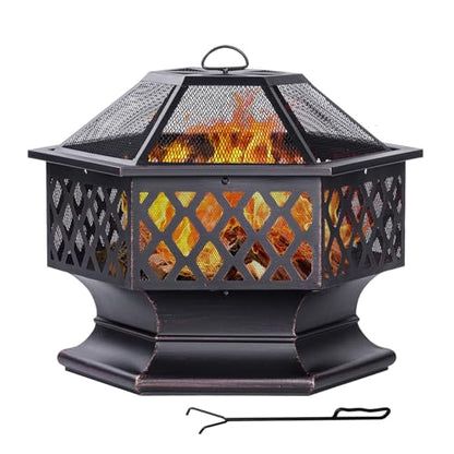 Panovue 28Inch Outdoor Fire Pit, Hexagon Shaped Wood Burning Firepit for Outside Bonfire, Patio, Backyard and Camping (Antique Bronze)