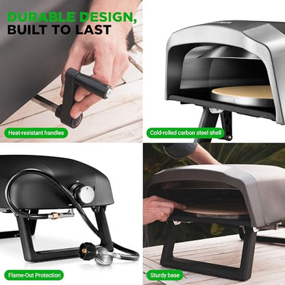 NutriChef Outdoor Pizza Oven with 360° Rotating Pizza Stone | Cooks 12" Pizza in 60 seconds | Adjustable Heat Control Dial, Includes Pizza Peel, Stone & Regulator with Hose | Short Handle