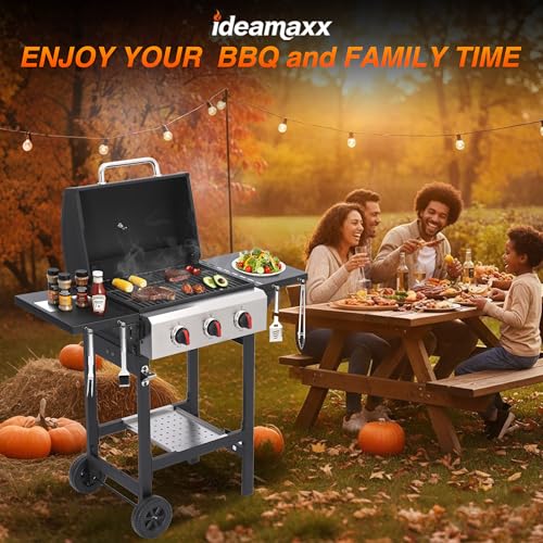 IdeaMaxx 3-Burner Propane Gas Grill with Cast Iron Grates, 38200 BTU output,Foldable Side Shelves for Portable Outdoor Patio Camping, Black (3 Burner)