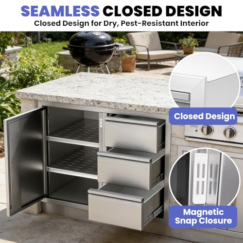 28"×19.7"×22" Outdoor Kitchen Cabinets, 304 Stainless Steel Cabinet, No Assembly Flush Mount Outdoor Kitchen Drawers Combo with Silent Triple Drawers & Access Door for BBQ Island Indoor Kitchen