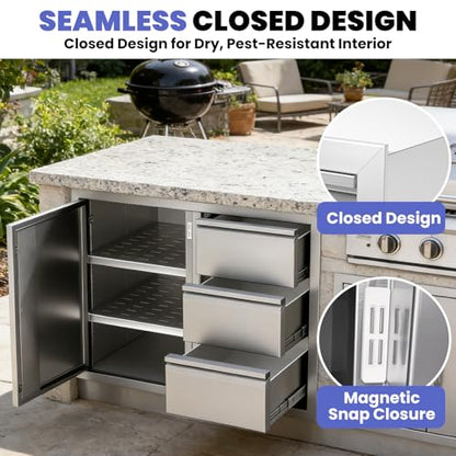 28"×19.7"×22" Outdoor Kitchen Cabinets, 304 Stainless Steel Cabinet, No Assembly Flush Mount Outdoor Kitchen Drawers Combo with Silent Triple Drawers & Access Door for BBQ Island Indoor Kitchen