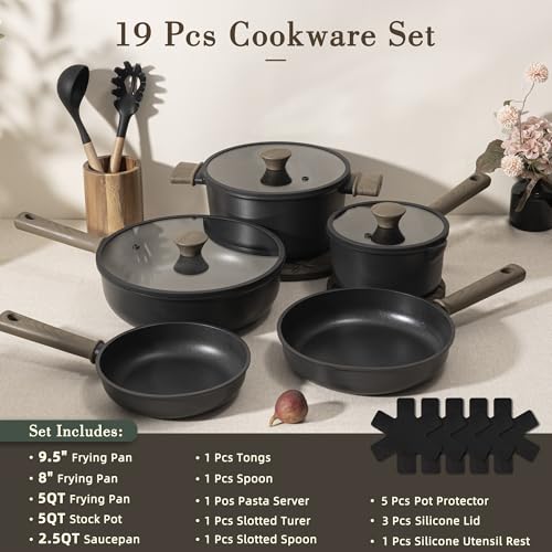 Astercook 19 Pcs Pots and Pans Set Non Stick, Black Titanium Induction Kitchen Cookware Sets, Non toxic Healthy Kitchen Cooking Set with Frying Pans Set, PFAS PTFE PFOA PFOS Free, Mothers Day Gifts