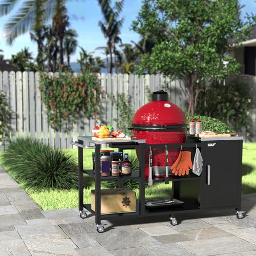 GDLF Grill Table for Big Green Egg Style BBQ, Heavy Duty Metal Outdoor Grill Station Prep Table with Storage,Compatible with Large Big Green Egg,Kamado Joe Classic