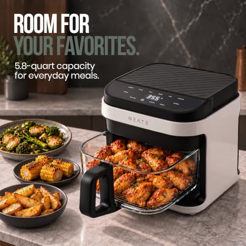 NEATE 5.8QT Air Fryer | 8-in-1 Preset Cook Modes | Cook Steak, Chicken, Fish, Veggies, Fries & More | Temperature & Timer Control | White