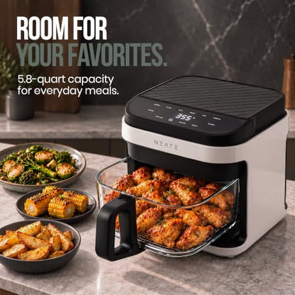 NEATE 5.8QT Air Fryer | 8-in-1 Preset Cook Modes | Cook Steak, Chicken, Fish, Veggies, Fries & More | Temperature & Timer Control | White