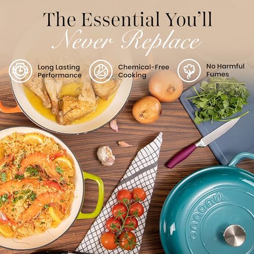 Shallow Cast Iron Casserole with Lid – Non Stick Dutch Oven Pot, Oven Safe up to 500° F – Sturdy Ovenproof Stockpot Cookware – Enamelled Cooking Pot – Blue, 5-Quart, 32cm – by Nuovva