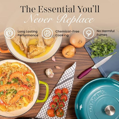 Shallow Cast Iron Casserole with Lid – Non Stick Dutch Oven Pot, Oven Safe up to 500° F – Sturdy Ovenproof Stockpot Cookware – Enamelled Cooking Pot – Blue, 5-Quart, 32cm – by Nuovva
