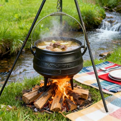 8-Quart Pre-Seasoned Cast Iron Cauldron - African Potjie Pot with Lid - 3-Legged Pot for Even Heat Distribution - Outdoor Cast Iron Dutch Oven Cookware for Campfire Cooking and Boiling
