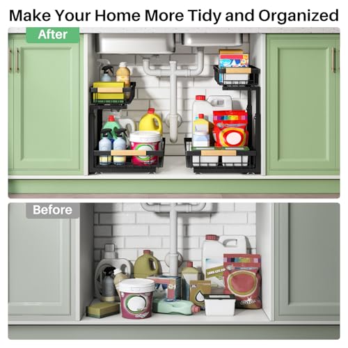 Kitstorack Under Sink Organizer, 2 Tier Under the Sink Storage, Slide out Pull out Cabinet Organizer Shelf, Metal Sliding Drawer for Kitchen Bathroom Pantry Closet Organization Rack, Black, 2 Pack