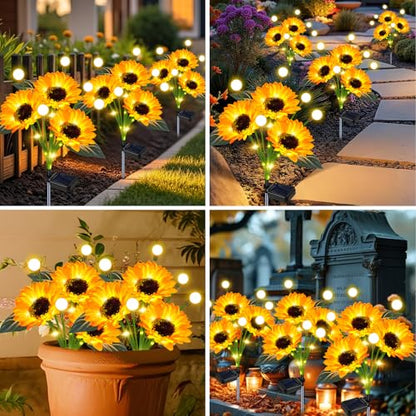 Solar Lights Outdoor Garden Decor,4 Pack Sunflower with Firefly Lights,Solar Flowers Lights Waterproof,Birthday Gifts for Mom Women Grandma,Outside Decorative Garden Stakes for Yard Patio Porch Lawn