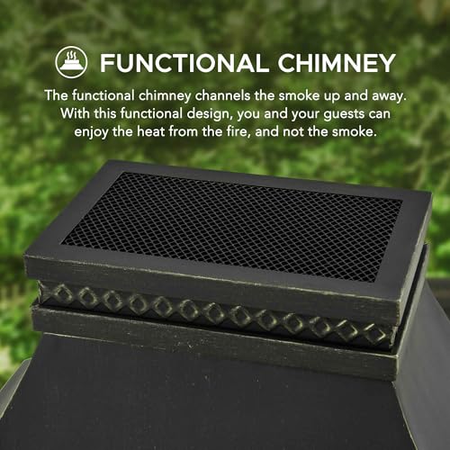 Sunjoy Outdoor Fireplace, Stone Look Tile Patio Wood Burning Steel Fireplace with Chimney, Spark Screen, Fire Poker, Rain Cover, and Removable Grate, Black with Golden Highlight