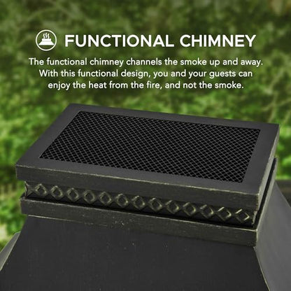 Sunjoy Outdoor Fireplace, Stone Look Tile Patio Wood Burning Steel Fireplace with Chimney, Spark Screen, Fire Poker, Rain Cover, and Removable Grate, Black with Golden Highlight