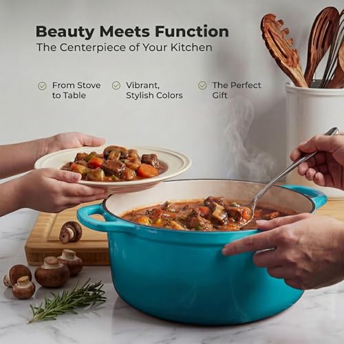 Zulay Kitchen 5 Quart Enameled Cast Iron Dutch Oven Pot with Lid – Premium Durability & Oven Safe up to 500°F – Heavy Duty Cookware Perfect for Bread Baking, Stews, Braising & Roasting – Light Blue