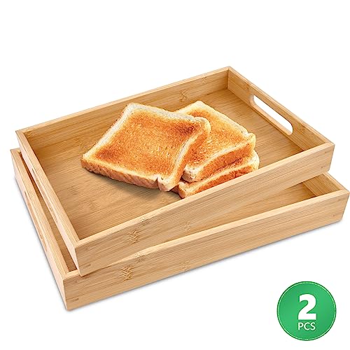 Sgigiul Bamboo Dinner Food Trays for Eating On Couch Party Platters for Serving Food Decorative Tray for Kitchen Counter Rectangle(16.5" Lx11.6''W and 15.5''Lx10.6''W)