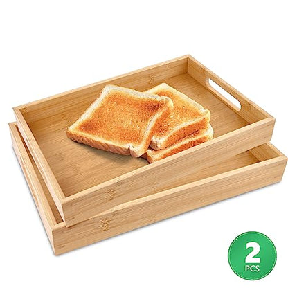 Sgigiul Bamboo Dinner Food Trays for Eating On Couch Party Platters for Serving Food Decorative Tray for Kitchen Counter Rectangle(16.5" Lx11.6''W and 15.5''Lx10.6''W)