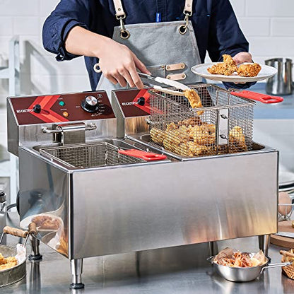 EGGKITPO Deep fryers Commercial Deep Fryer 12L x 2 Large Dual Tank Electric Countertop Fryer for Restaurant with 2 Frying Baskets and Lids, 1800W x 2, 120V