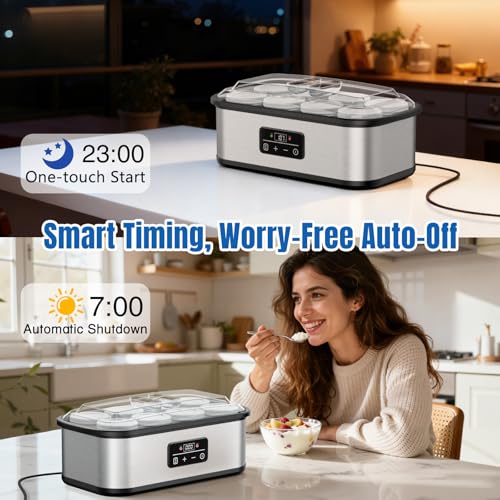 Yogurt Maker with Auto-Shut off and Adjustable Time & Temp Control, Yogurt Maker Machine Make Healthy Yogurt with Full Probiotics for Family, Friends, Perfect Gift, 8x6oz Jars