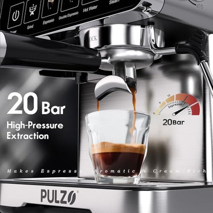 PULZO Espresso Machine with Grinder, 20 Bar Professional Coffee Machine, All-in-One Stainless Steel Coffee Maker with Milk Frother, to Make Latte, Cappuccino, 67oz Detachable Water Tank
