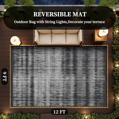 MontVoo Outdoor Rug Waterproof 9x12 ft with Strip Lights Outdoor Patio Rug Mat Reversible Plastic Straw Rug Outside Outdoor Rug for RV Camping Picnic Balcony Backyard