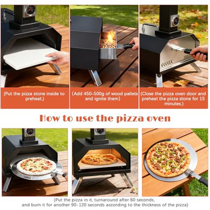 12" Wood Pellet Pizza Oven Outdoor, Portable Foldable Pizza Maker with Built-in Thermometer, Square Pizza Stone, Ideal for Camping, Backyard, Patio, Garden & Party