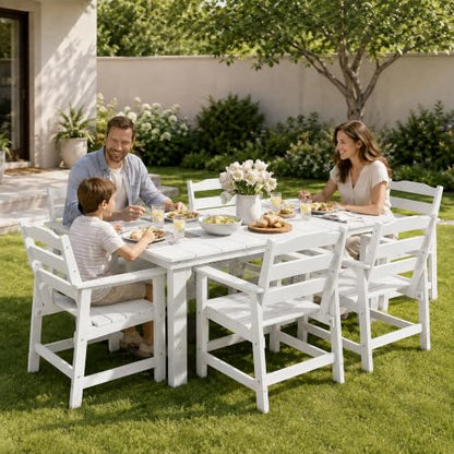 THOEOE 7 Pcs Outdoor Dining Set, 70" HDPE Dining Set for 6, White