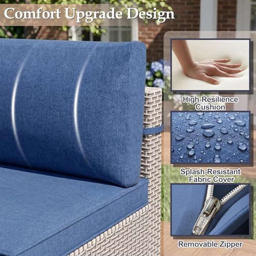 SnugVista Patio Furniture Set, 18-Piece Outdoor Sectional Sofa with Swivel Rocker Chairs & Fire Pit Table, Wicker Patio Conversation Set with Coffee Table, Blue Cushions