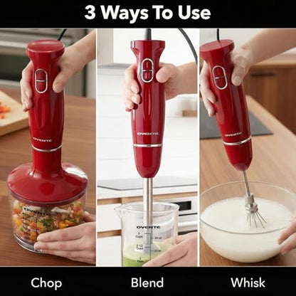 OVENTE Immersion Hand Blender Set, 300W Electric Handheld Stick Mixer, 2 Mixing Speeds with Stainless Steel Blades, Egg Whisk, Beaker & BPA-Free Food Chopper, Red HS565R