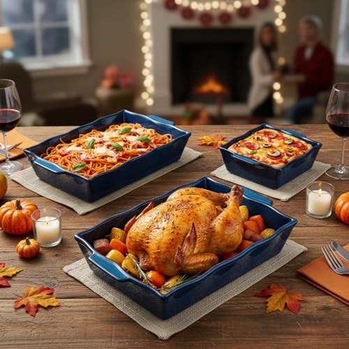 Peohud 3 Pack Casserole Dishes for Oven, Ceramic Baking Dishes with Handles, Heavy Duty Rectangular Lasagna Pan, Porcelain Bakeware Sets for Cooking, Cake Dinner, Kitchen, Blue