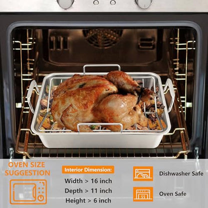 LIANYU 14 Inch Roasting Pan, Turkey Roaster with 2 Racks, Heavy Duty Stainless Steel Deep Broiling Lasagna Pan for Turkey, Chicken, Dishwasher Safe
