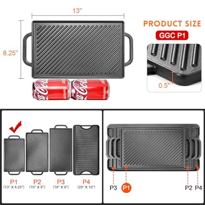 GGC Cast Iron Reversible Grill Griddle，Double Sided Grill Pan Perfect for Gas Grills and Stove Tops, 13 x 8.25 Rectangular Baking Flat and Ribbed Griddle Plate