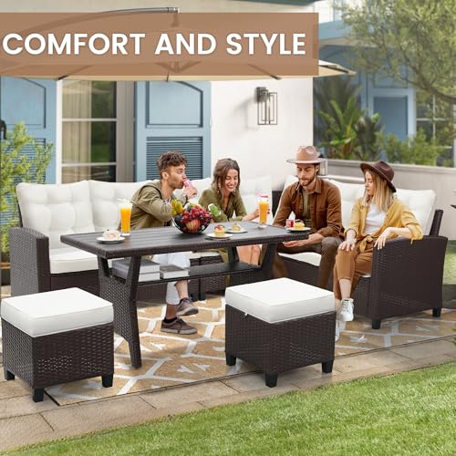 KROFEM KROFEM6-Piece Patio Furniture Set, Outdoor Sectional Sofa with Dining Table & Chairs, All-Weather Dining Set with Removable Cushion Covers, Ideal for Garden, Porch, Backyard, White