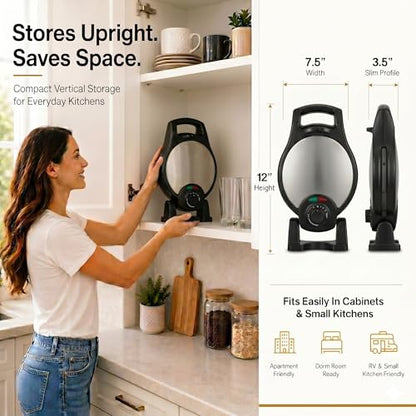 Moss & Stone Belgian Waffle Maker – Rotating Flip Design, 8-Inch Electric Waffle Iron, Non-Stick Grids for Easy Release & Clean, Adjustable Temperature, Compact Upright Storage, Black