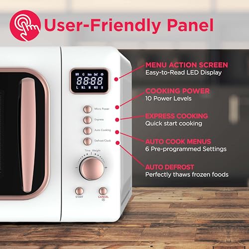 Frigidaire, 0.7 Cu. Ft. Retro Countertop Microwave Oven, 700W Compact Microwave with 8 Auto Cook Menus, Auto Defrost, 5 Power Levels, LED Display, Glass Turntable, White-RoseGold