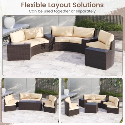 Tangkula 7 Pieces Patio Furniture Set, Rattan Half-Moon Curved Sectional Cushioned Sofas with Tempered Glass Top Side Tables, Outdoor Conversation Set for Porch, Backyard & Poolside