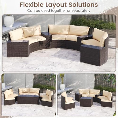 Tangkula 7 Pieces Patio Furniture Set, Rattan Half-Moon Curved Sectional Cushioned Sofas with Tempered Glass Top Side Tables, Outdoor Conversation Set for Porch, Backyard & Poolside