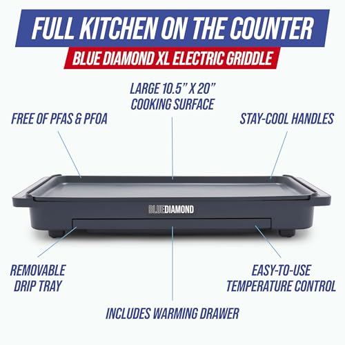 Blue Diamond 20” x 10.5” Extra Large Electric Griddle, Healthy Ceramic Nonstick Surface, Non-Toxic PFAS-Free, Temperature Control, Family Friendly, Removable Drip Tray, Easy Clean, Graphite