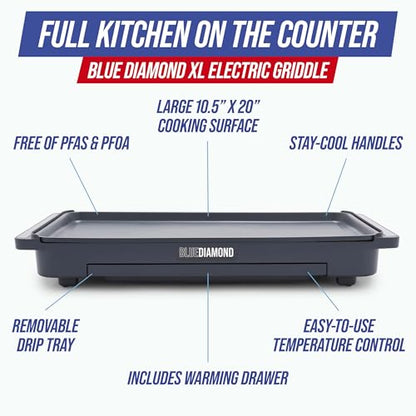 Blue Diamond 20” x 10.5” Extra Large Electric Griddle, Healthy Ceramic Nonstick Surface, Non-Toxic PFAS-Free, Temperature Control, Family Friendly, Removable Drip Tray, Easy Clean, Graphite
