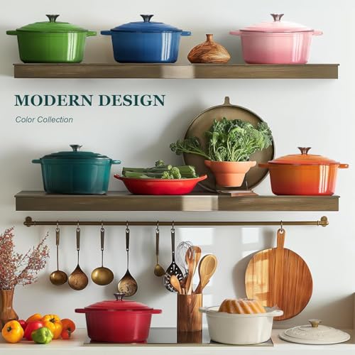 Overmont Enameled Cast Iron Dutch Oven - 5.5QT Pot with Lid Cookbook & Cotton Potholders - Heavy-Duty Cookware for Braising, Stews, Roasting, Sourdough Baking bottle green