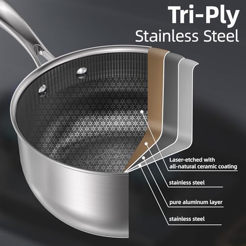 COOKER KING 3 Quart Stainless Steel Saucepan with Lid, Tri-Ply Ceramic Nonstick Pot, Metal Utensil Safe, Dishwasher & Oven Safe up to 900F, Induction Cookware for All Stovetops