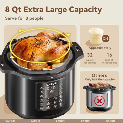 12-in-1 Electric Pressure Cooker 8 Quart, 1200W olla de presion Multi-Cooker with Stainless Steel Pot, Slow Rice Cooker, Saute, Steamer, Yogurt & Food Warmer, Delay Timer, Black